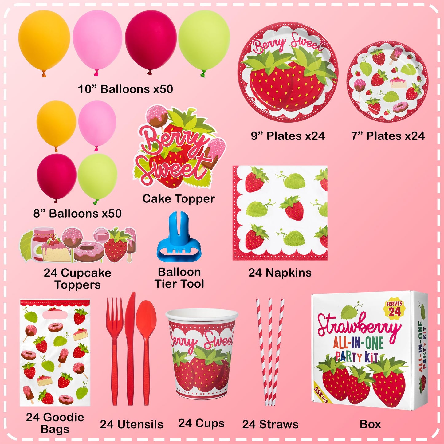 All-In-One 357 Pc Strawberry Party Decorations (Serves 24) Strawberry Party Supplies With Plates, Cups, Napkins, Tablecloth, Bal