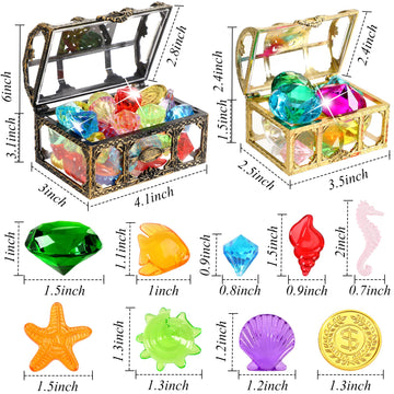 Marforever 70 Pieces Diving Gem Pool Toys Colorful Summer Swimming Diamonds Acrylic Gemstones With 2 Treasure Pirate Boxes For W