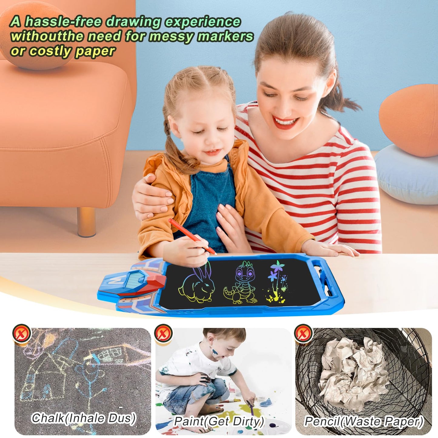 CHAFEGY 10 Inch LCD Writing Tablet for Kids, Masked Warrior Design Drawing Tablet, Doodle Board Pad for Learning, Toy Gift for B