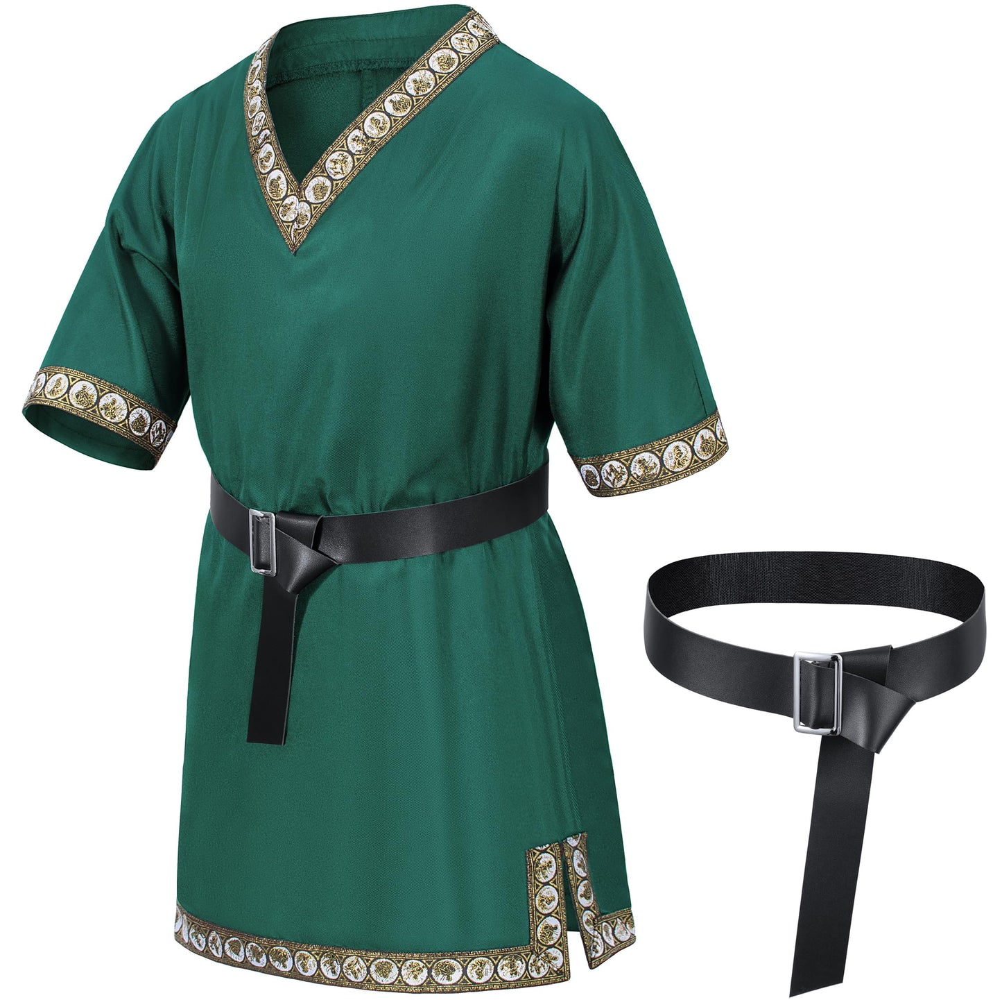Kids Medieval Costume Boys Viking Tunic Knight Warrior Renaissance Shirts With Belt 8-10 Years Green