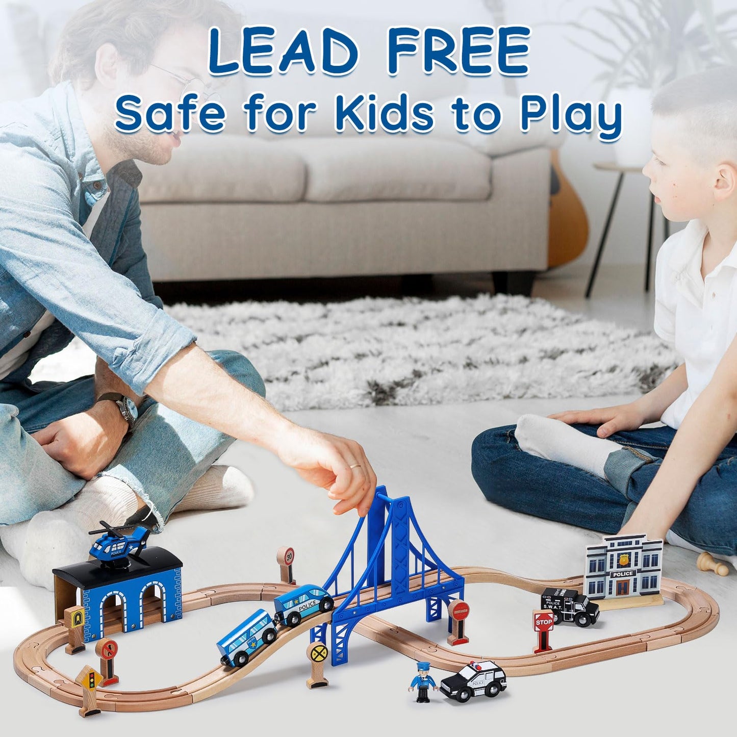 Sainsmart Jr. Wooden Train Set - Interactive Police Playset For Kids | Building Toy With Train, Figures & Accessories | Compatible With Brio, Thomas, Melissa And Doug | Educational Stem Gift