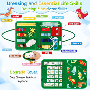 Esjay Toddler Busy Board Montessori Toys, Sensory Board Educational Activities For Learning Fine Motor Skills, Gifts For Girls Boys Toddlers, Travel Toys For Airplane Car,Green Dinosaur