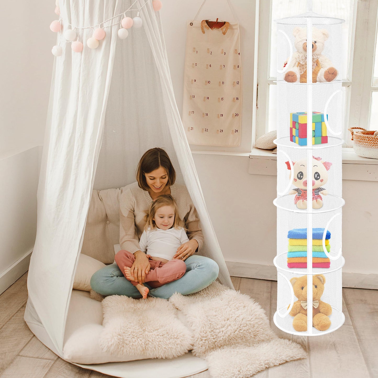 2Pcs Hanging Mesh Space Saver Bags Organizer, Foldable Stuffed Animal Storage Organizer 5 Compartments Toy Storage Organizer For