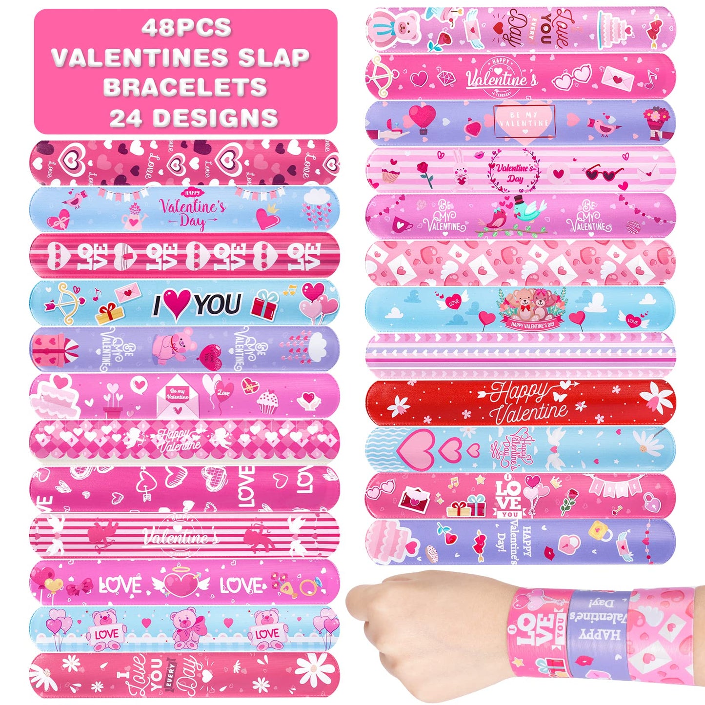 Thuodo 48 Pcs Valentines Day Slap Bracelets with Colorful Hearts for Birthday Gifts for Kids Party Supplies Favors Classroom Exc