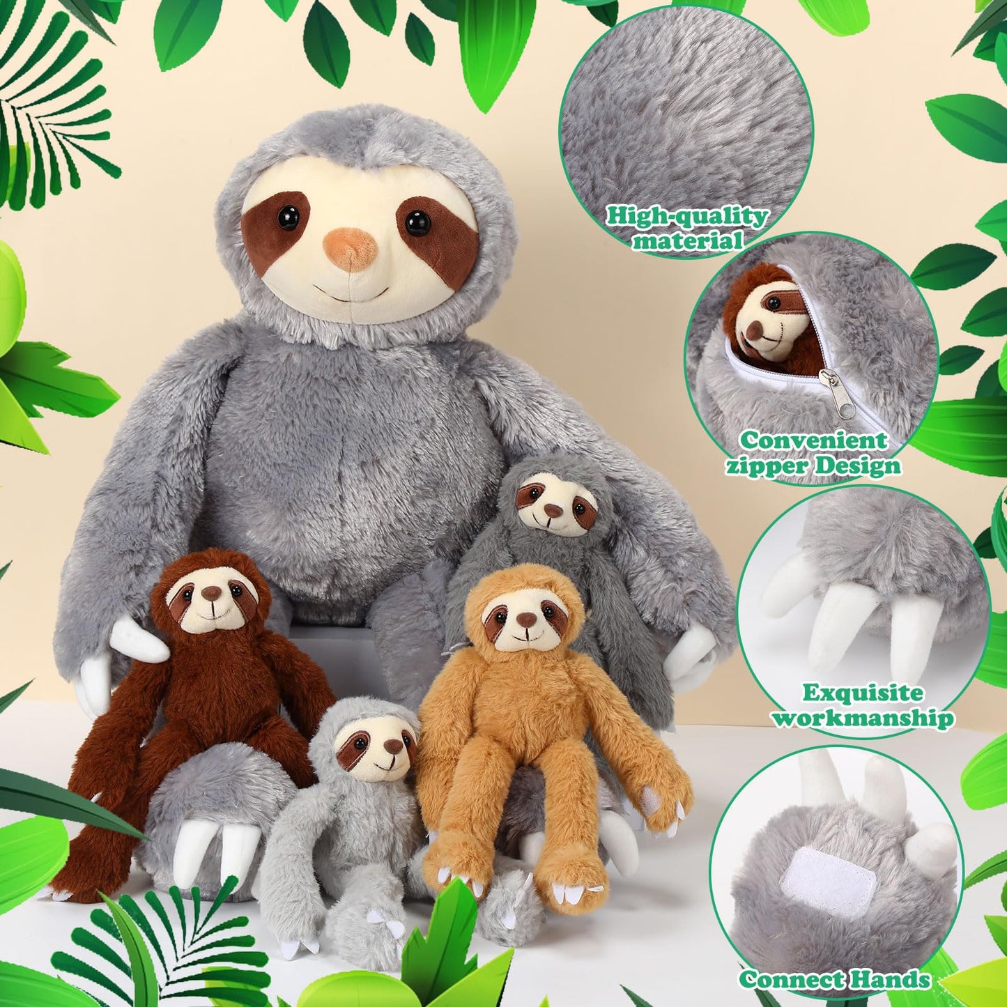 Libima 5 Pcs Valentine'S Day Gift Plush Sloth Animals 22.4 Inch Giant Stuffed Mommy Sloth Plush Toy With 4 Babies In Her Belly C