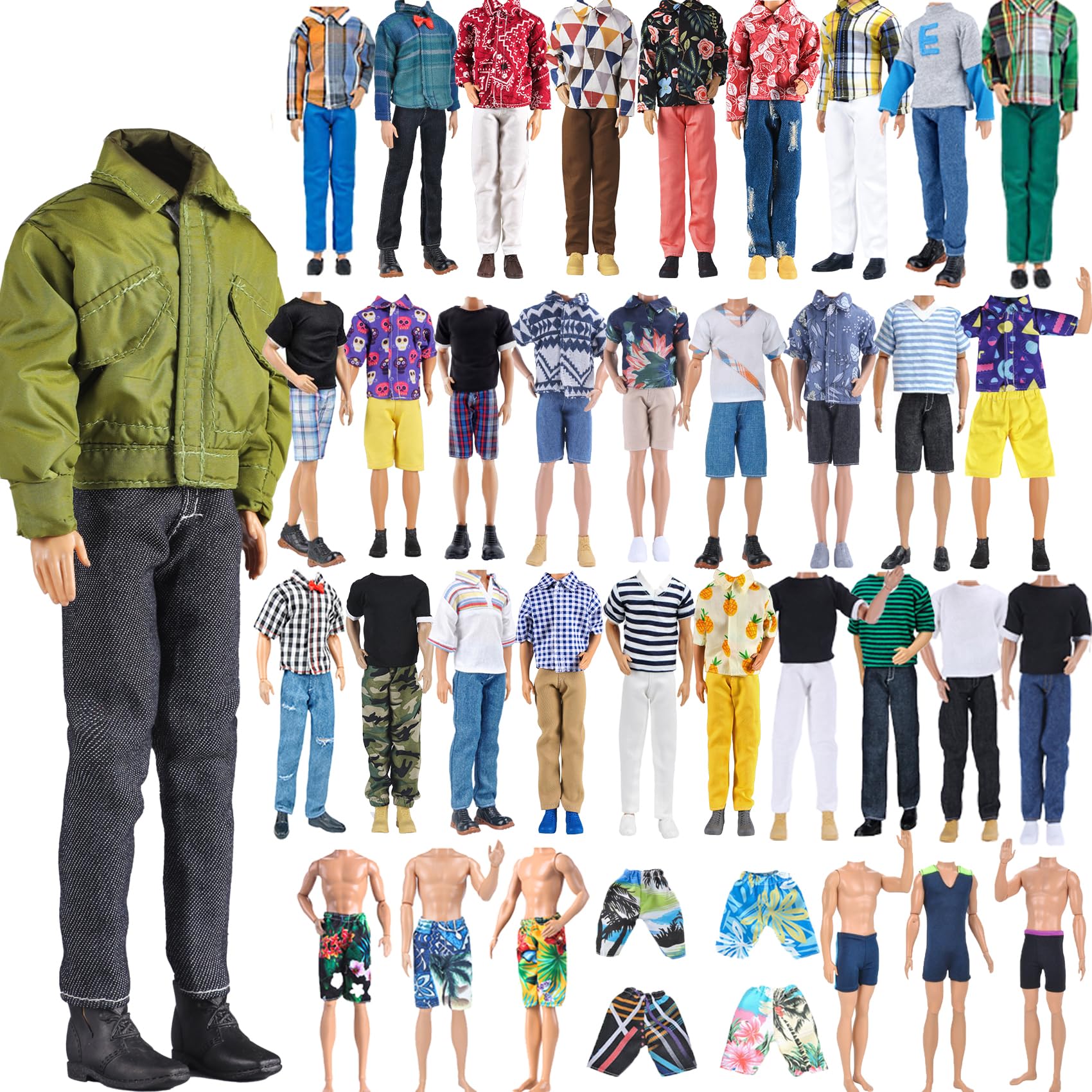 E-Ting 10-Item Fashion Pack = 5 Sets Casual Clothing Outfit +5 Pairs Shoes For Doll Random Style (Daily Suit + Green Bomber Jacket + Swimwear)