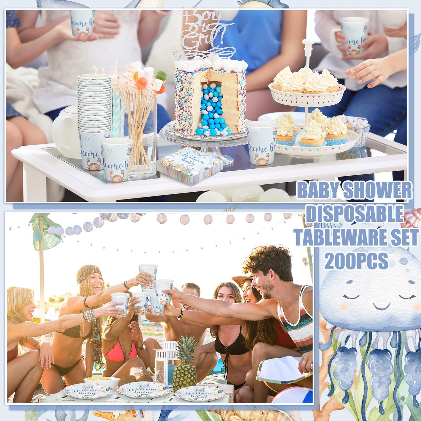 Hushee 200 Pcs Under the Sea Baby Shower Paper Plates Napkins Cups Baby Shower Party Supplies Tableware Set Disposable Cup Napki
