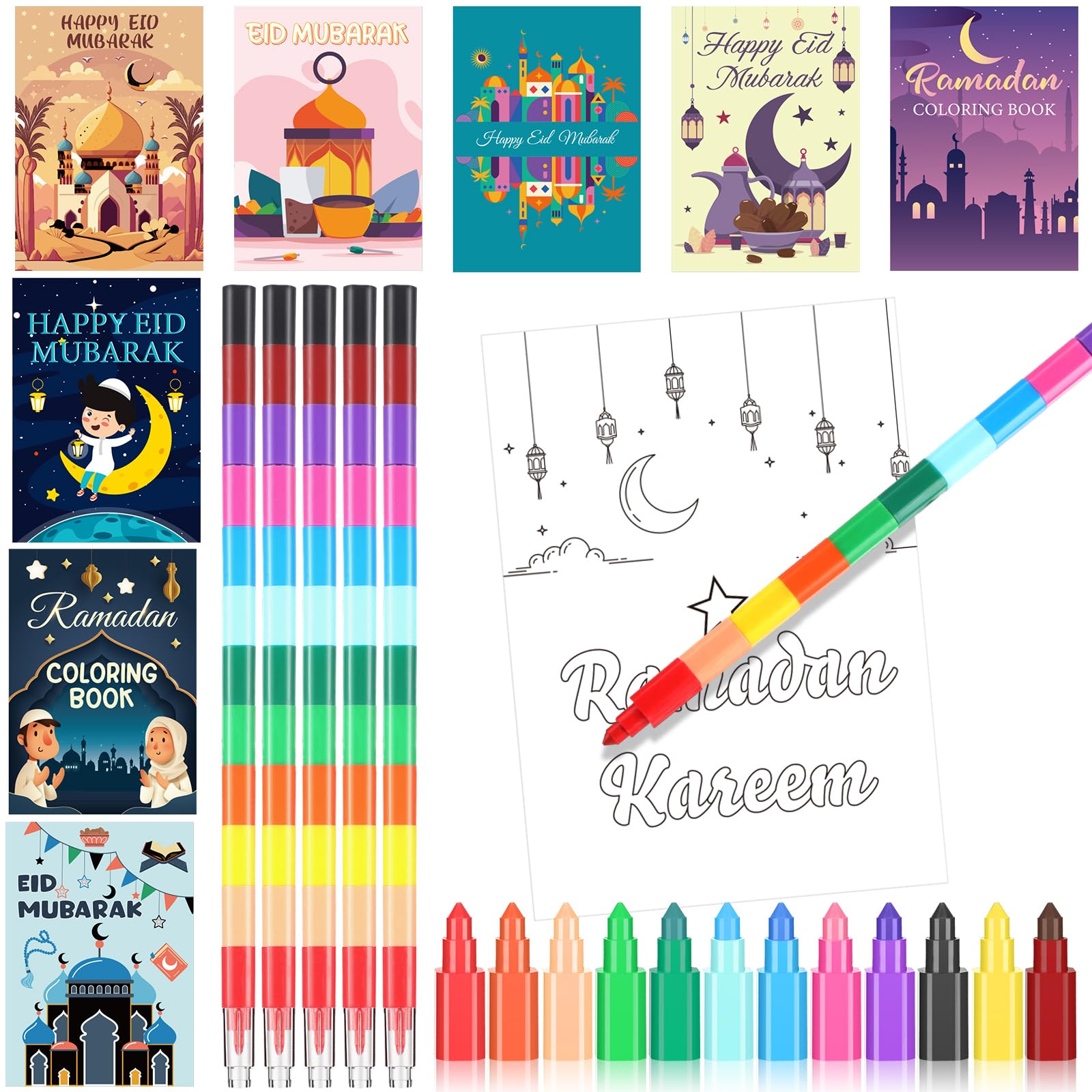 Zhanmai 48 Pcs Ramadan Coloring Book Bulk with Stacking Crayons Ramadan Moon Star Holiday Activity Book Eid Mubarak Coloring Boo