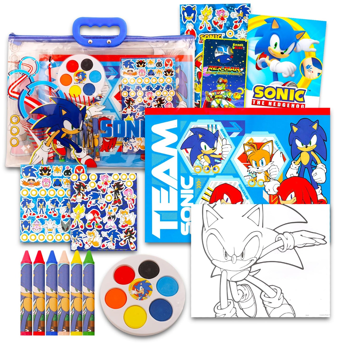 Sonic The Hedgehog Drawing and Painting Set for Boys - Sonic Gift Bundle with Coloring Book, Coloring Utensils, Watercolor Paint