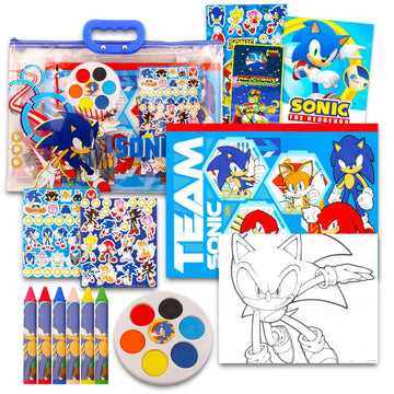 Sonic The Hedgehog Drawing and Painting Set for Boys - Sonic Gift Bundle with Coloring Book, Coloring Utensils, Watercolor Paint