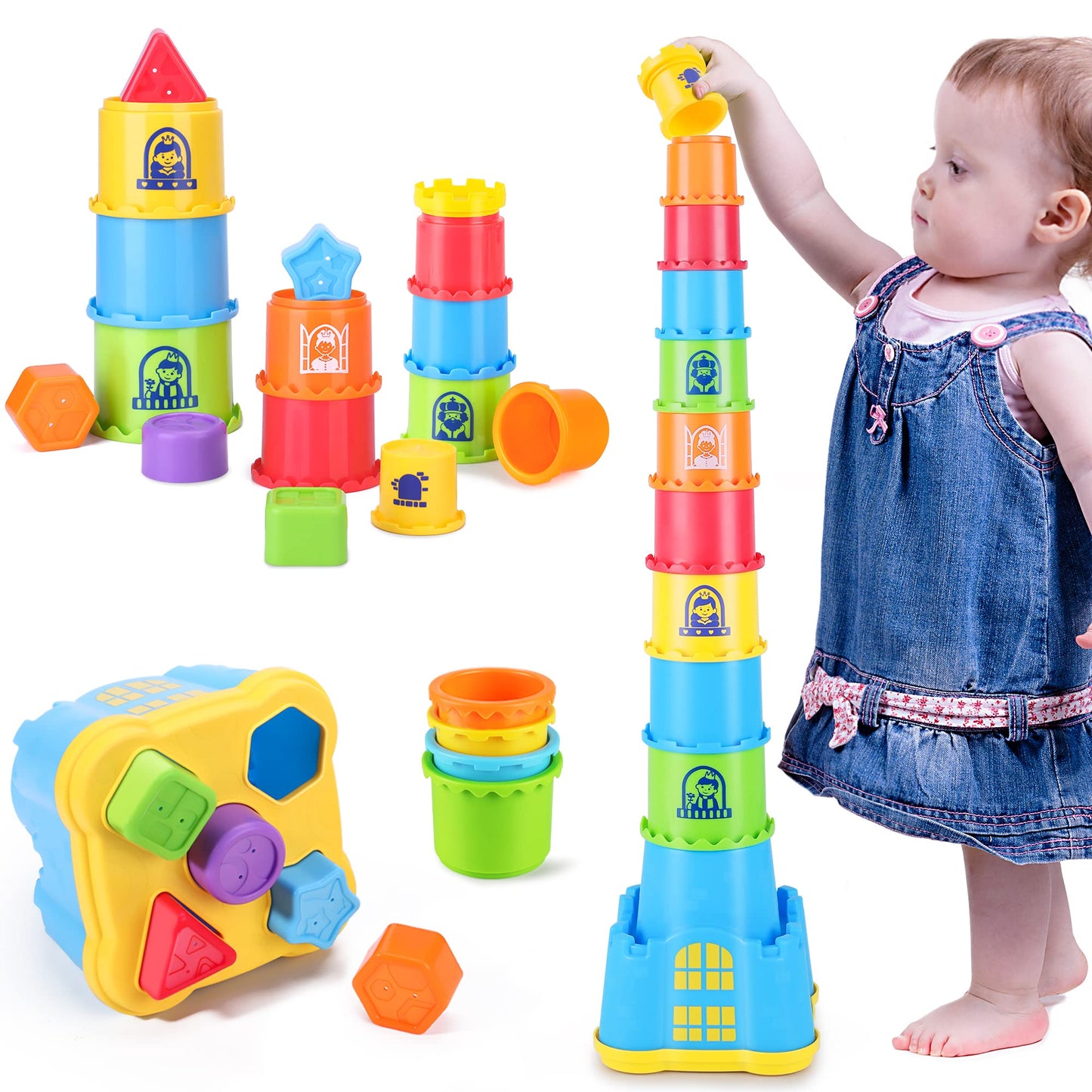 iPlay, iLearn Baby Stacking Toys - Multicolored Nesting Cups & Shape Sorter, 6.7Wx9.5L, Ideal for 1-3 Year Olds