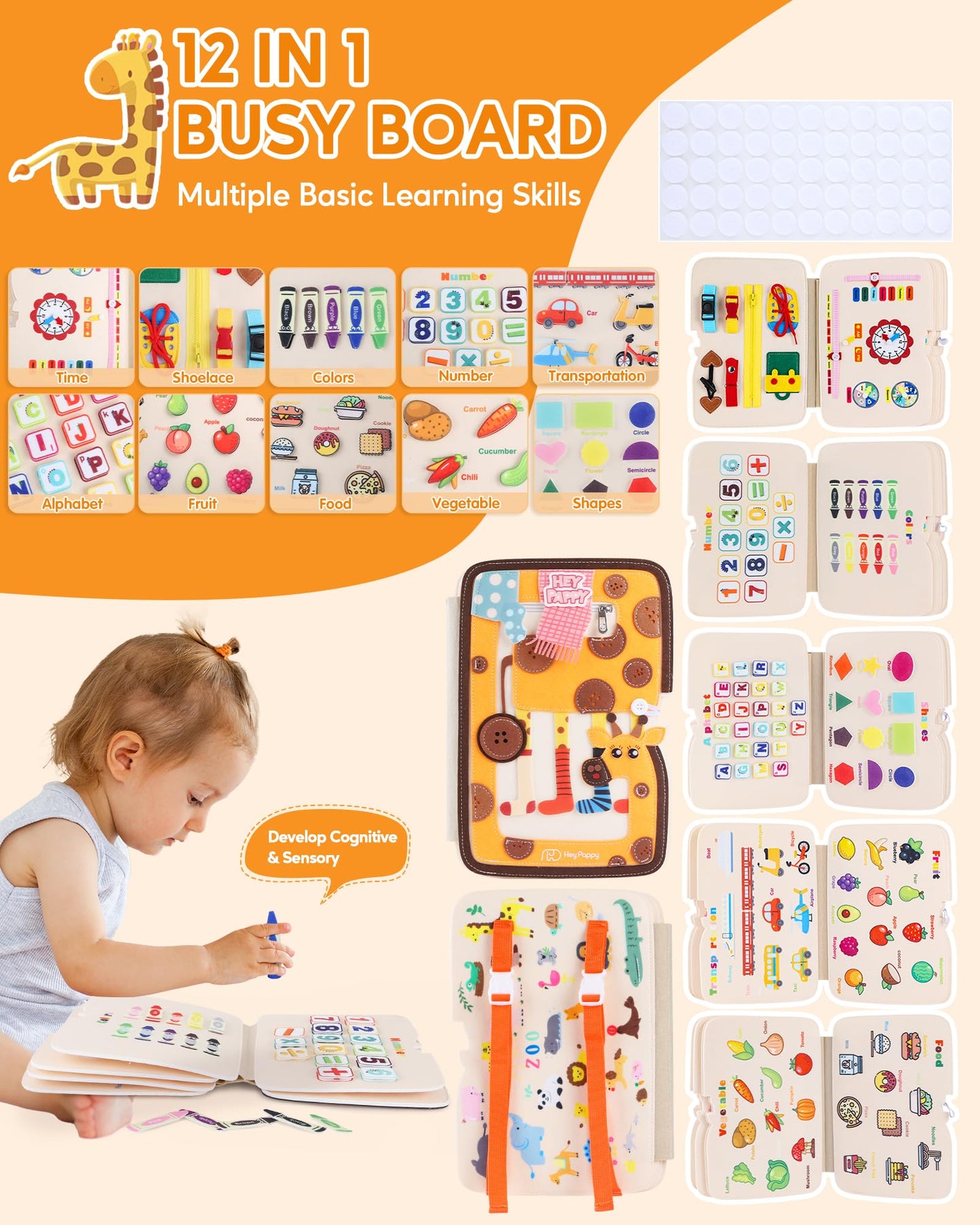 Heypappy Busy Board, 12 in 1 Busy Book Learning Sensory Toys for Toddlers with Fine Motor Skills, Busy Book Toys with Backpack S