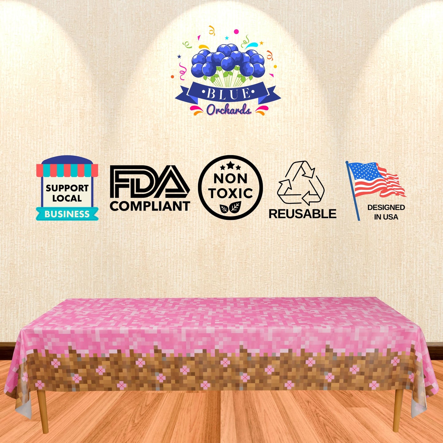 Blue Orchards Pixel Flower Table Cover (Pack Of 3) - Girl Gamer Party Decorations, Gamer Birthday Tablecloth For Girls, Girls Birthday Party Supplies, Pixel Miner Party