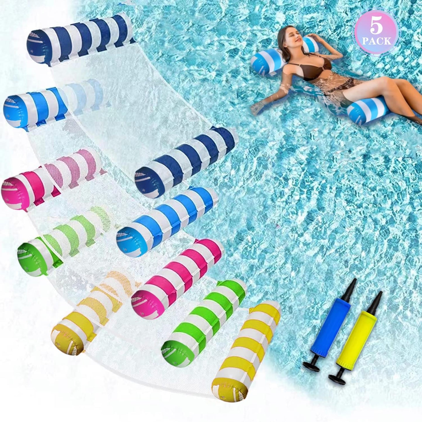 Juxiao 5 Pack Upgrated Xl Water Pool Floats, 4-In-1 (Hammock, Saddle, Lounge Chair, Drifter) Multi-Purpose Water Pool Float, Non-Stick Pvc Material
