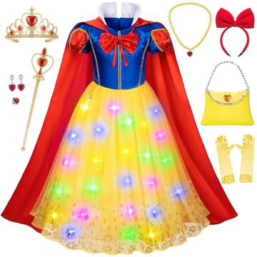 Kaisebile Light Up Princess Snow White Costume for Girls Dress Up - LED Light-Up Princess Snow White Dress with Accessories for 