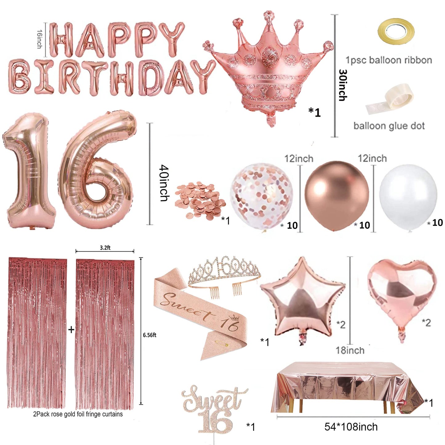 Sweet 16 Party Decorations, Rose Gold 16Th Birthday Decorations For Girls, Happy Birthday Banner, Curtains, Cake Topper, Bday Sa
