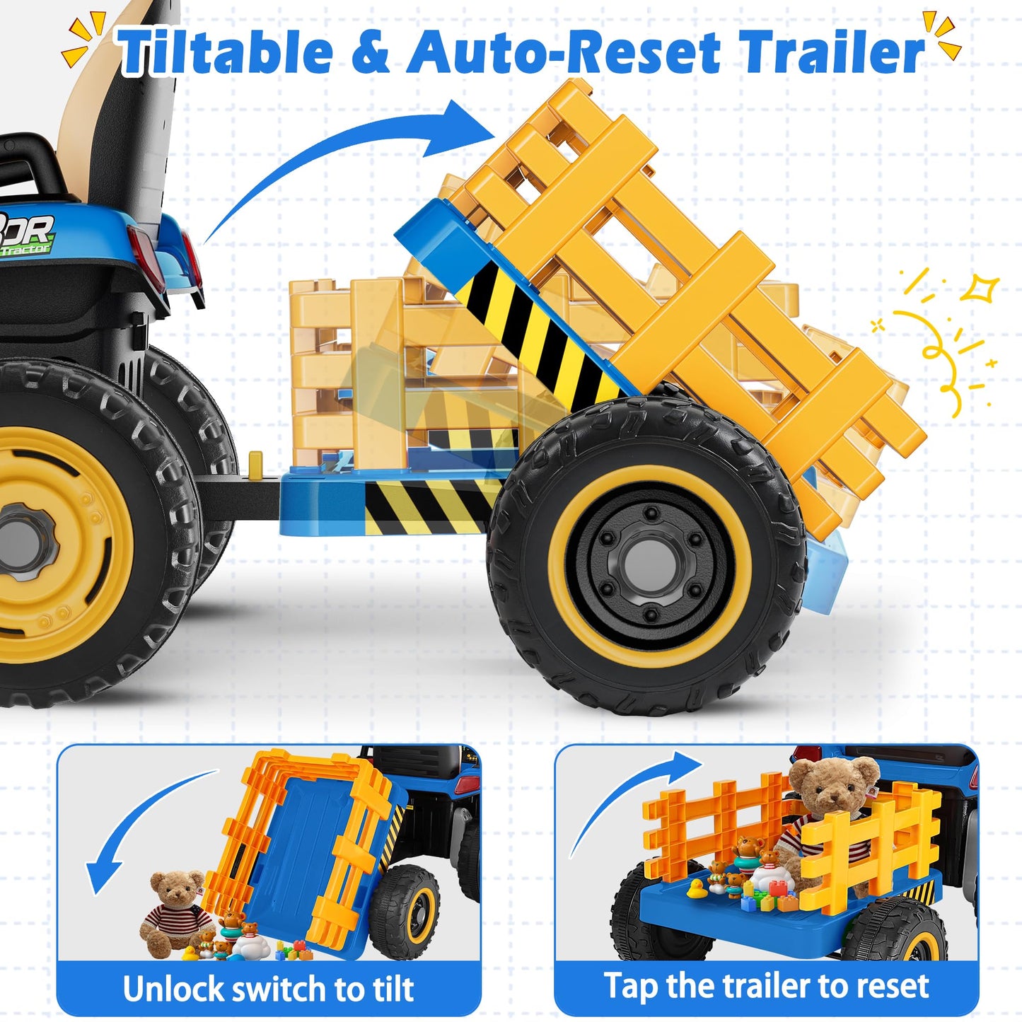 ARBELI 24V Ride On Tractor with Detachable Trailer, 2x65W Motors, Bluetooth, Large, Blue, Model BBH-030
