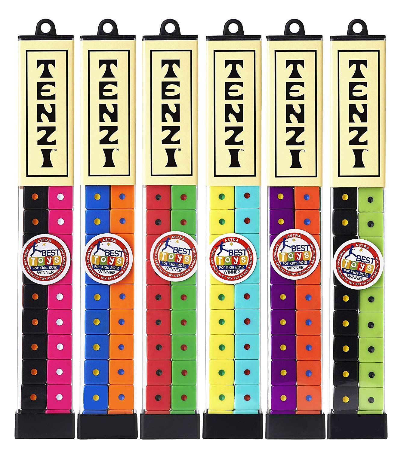 Tenzi Dice Party Game - A Fun, Fast Frenzy For The Whole Family - 4 Sets Of 10 Colored Dice With Storage Tube - Colors May Vary