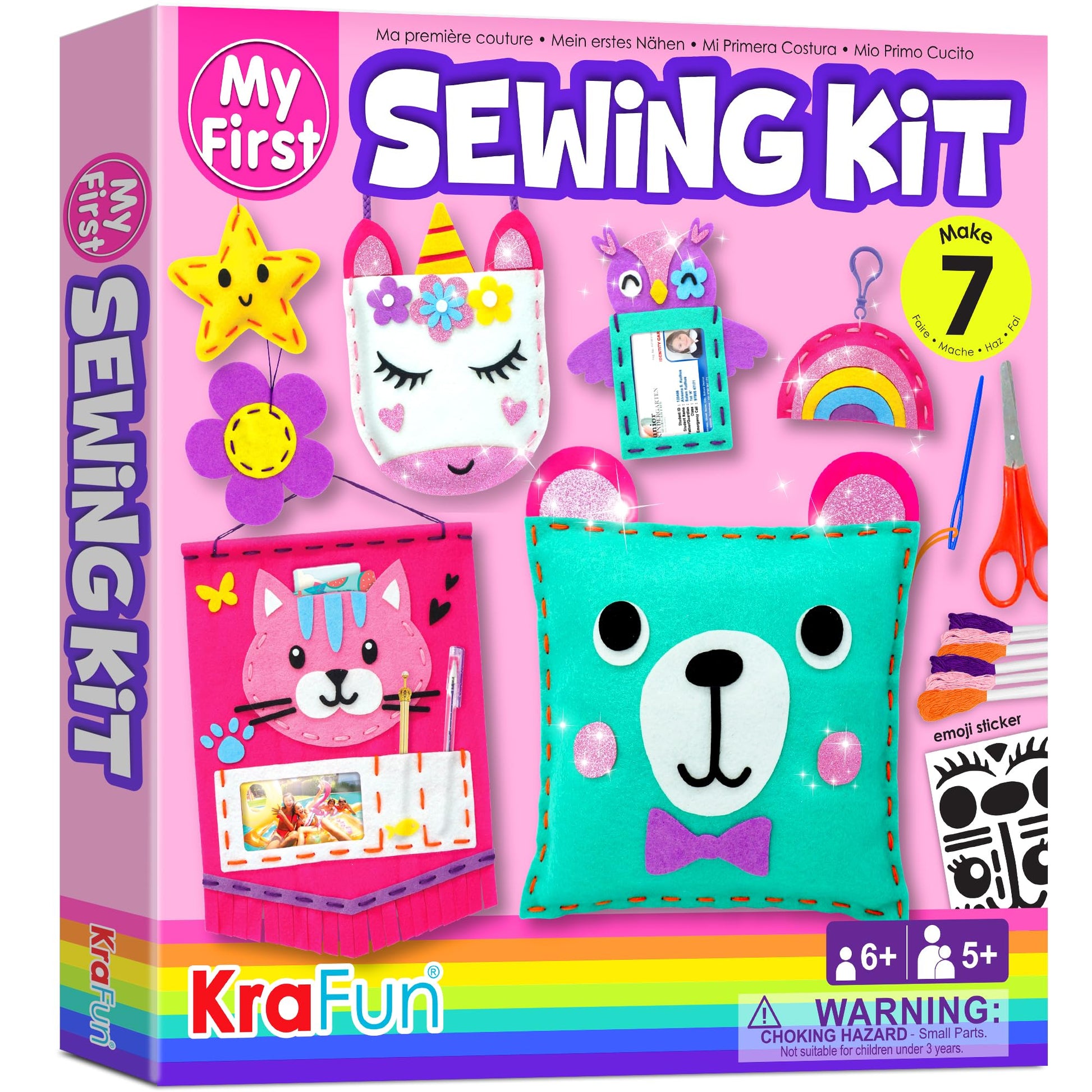 KRAFUN My First Sewing Kit for Beginner Kids Arts & Crafts  7 Easy DIY Projects of Stuffed Animal Dolls and Plush Pillow Craft  Instructions & Felt  Gift for Girls  Boys  Learn to Sew  Embroidery-New