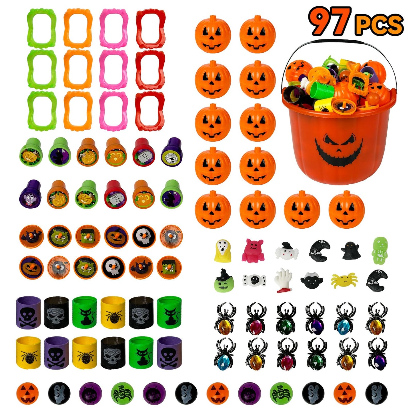novelinks Halloween Party Favors for Kids 96PCS Halloween Toys in Bulk Halloween Prefilled Plastic Pumpkins Buckets Halloween Go