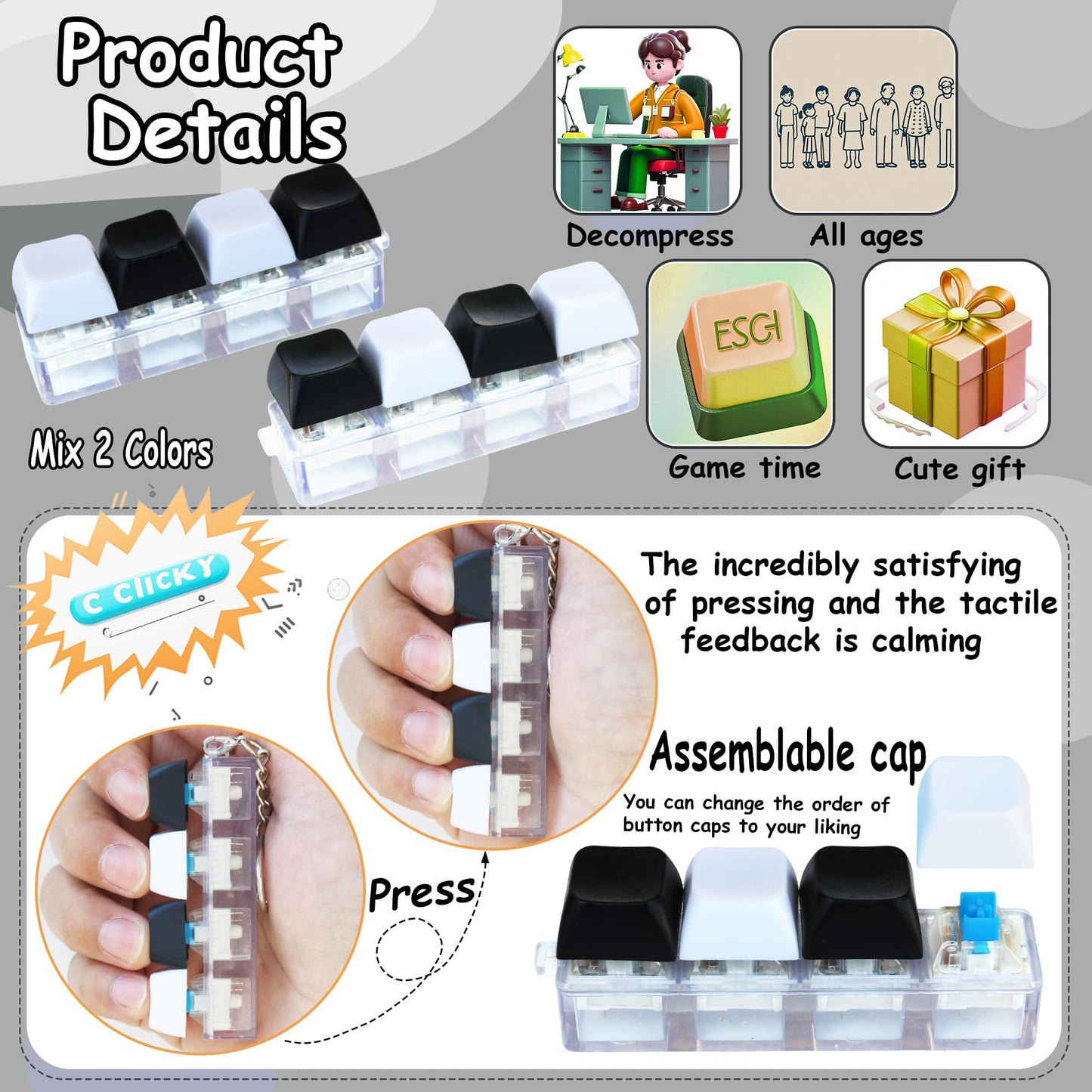 2 Psc Keyboard Fidget Toy  Keyboard Fidget Keychain 4-in-1 Keyboard Decompression Button Finger Clicker Toys  Button Stress Relief Fidget Gifts for mature-themed to Relief Stress (Black+White)