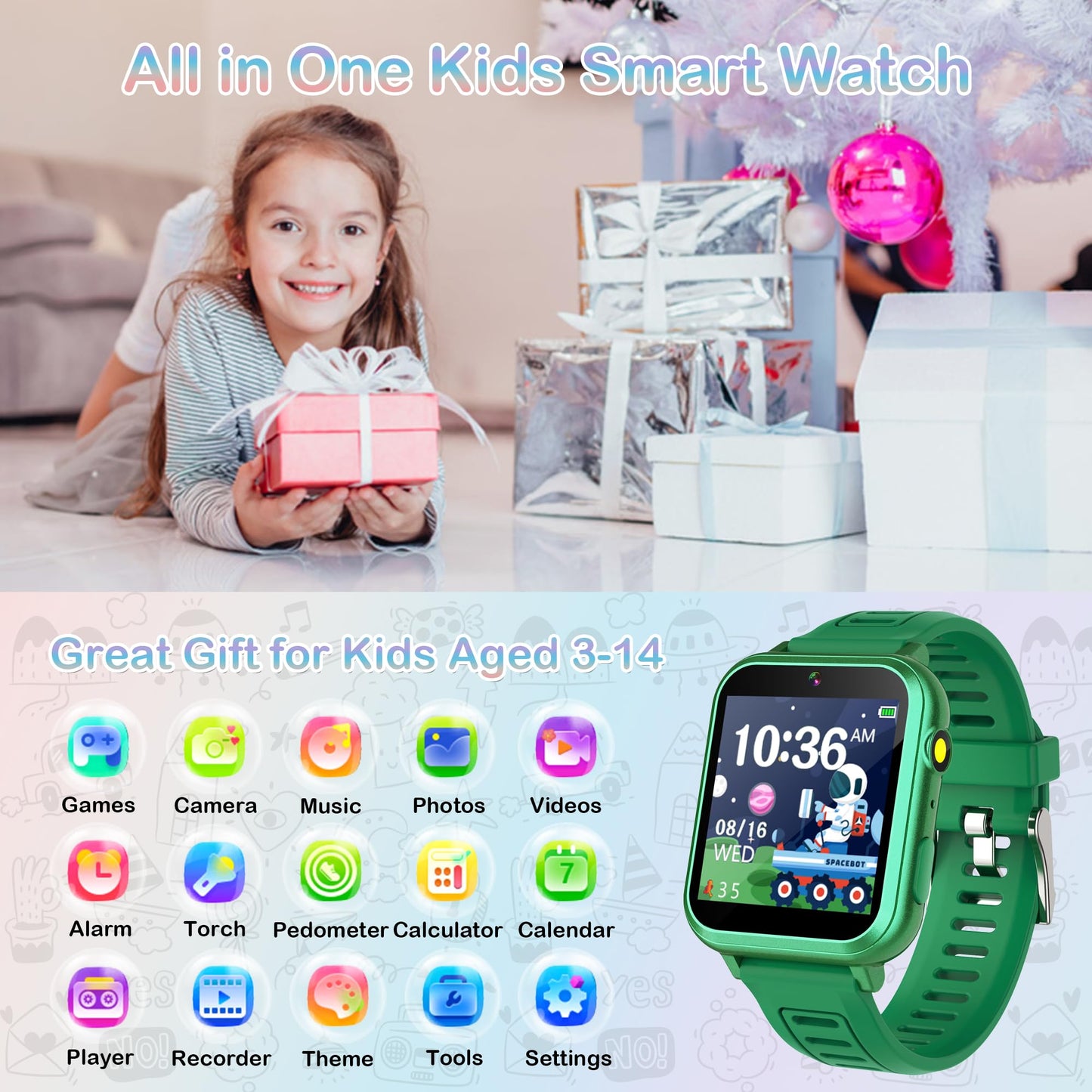 Aiwiep Kids Smart Watch For Kids With 24 Games Kids Watches Touch Screen Music Player Camera Alarm Clock Calculator Flashlight Stopwatch 12/24 Hr Toys For Kids Gift For Girls 3-12 Year Old