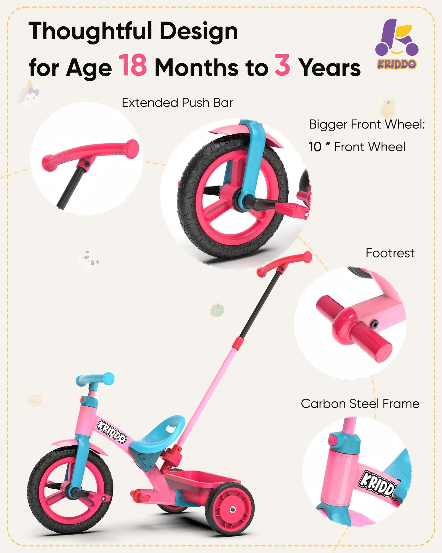 KRIDDO 3-in-1 Toddler Tricycle for Kids 18 Months to 3 Years, Tricycle for 2 Years with Parent Steering, Extra Wide Seat, Large