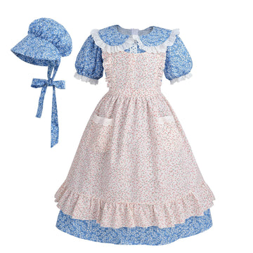 Nuoqi Colonial Costume Girls Prairie Pioneer Dress Laura Ingalls Wilder Costume With Apron Blue, 8-9