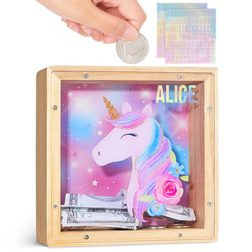 Wooden Piggy Bank For Kids Boys Girls, Diy Name Coin Bank Unicorn Dinosaur Money Bank With Letter Stickers