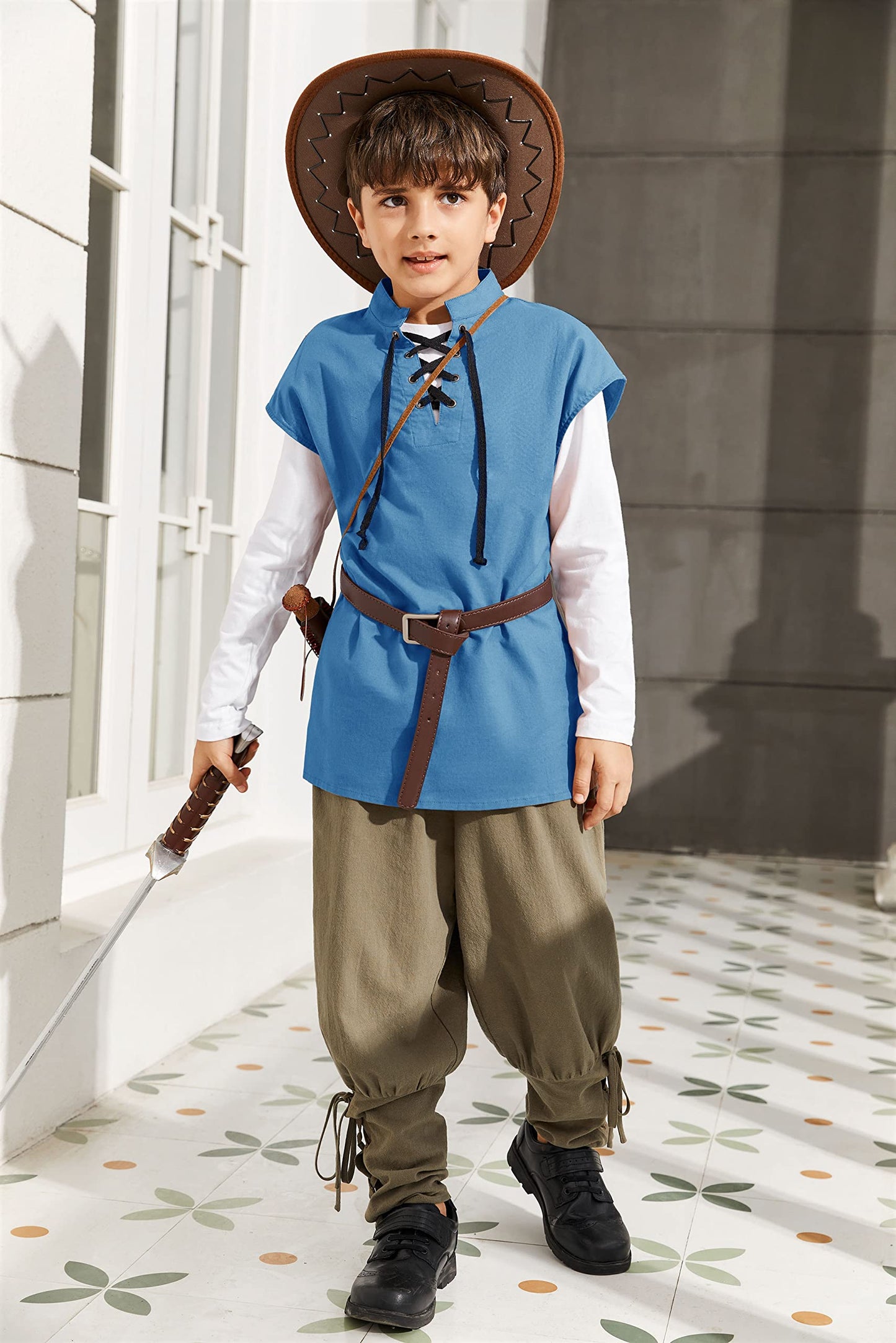 Boys Kids Renaissance Pirate T Shirts Viking Medieval Sleeveless Lace Up Costume Scottish Cotton Tank Tops