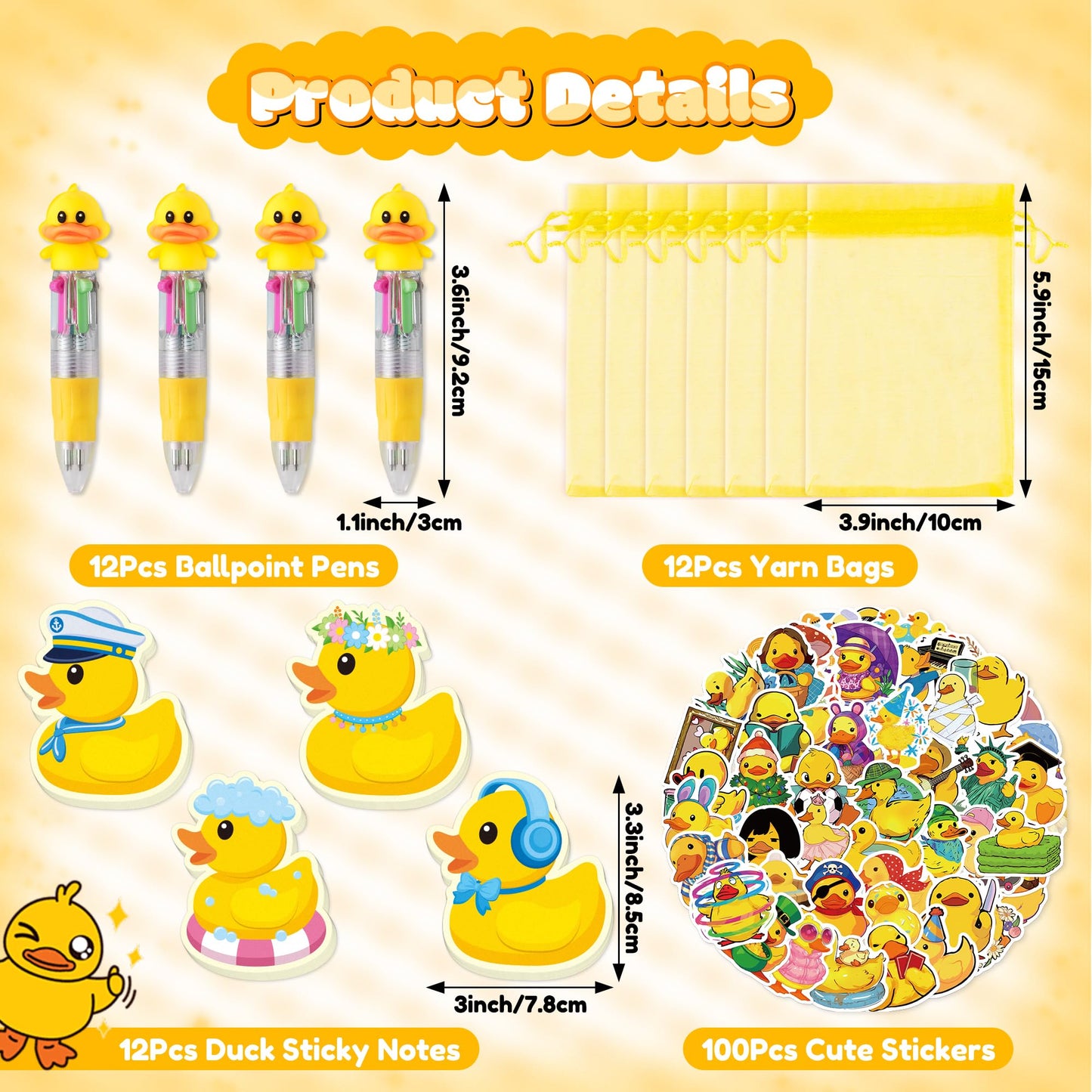 CY2SIDE Yellow Rubber Duck Stationery Gift- 12 Pack Yellow Cute Animal 4-in-1 Duck Ballpoint Pens with Sticky Notes Stickers and