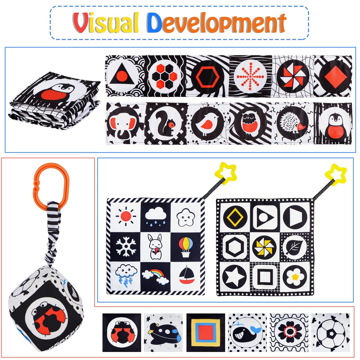 Sammas 3 Pcs Black And White High Contrast Baby Toys 0-6 Months For Newborn, Babies Sensory Soft Book For Early Education, Infant Tummy Time Cloth Book Toys, Montessori Toys For Babies