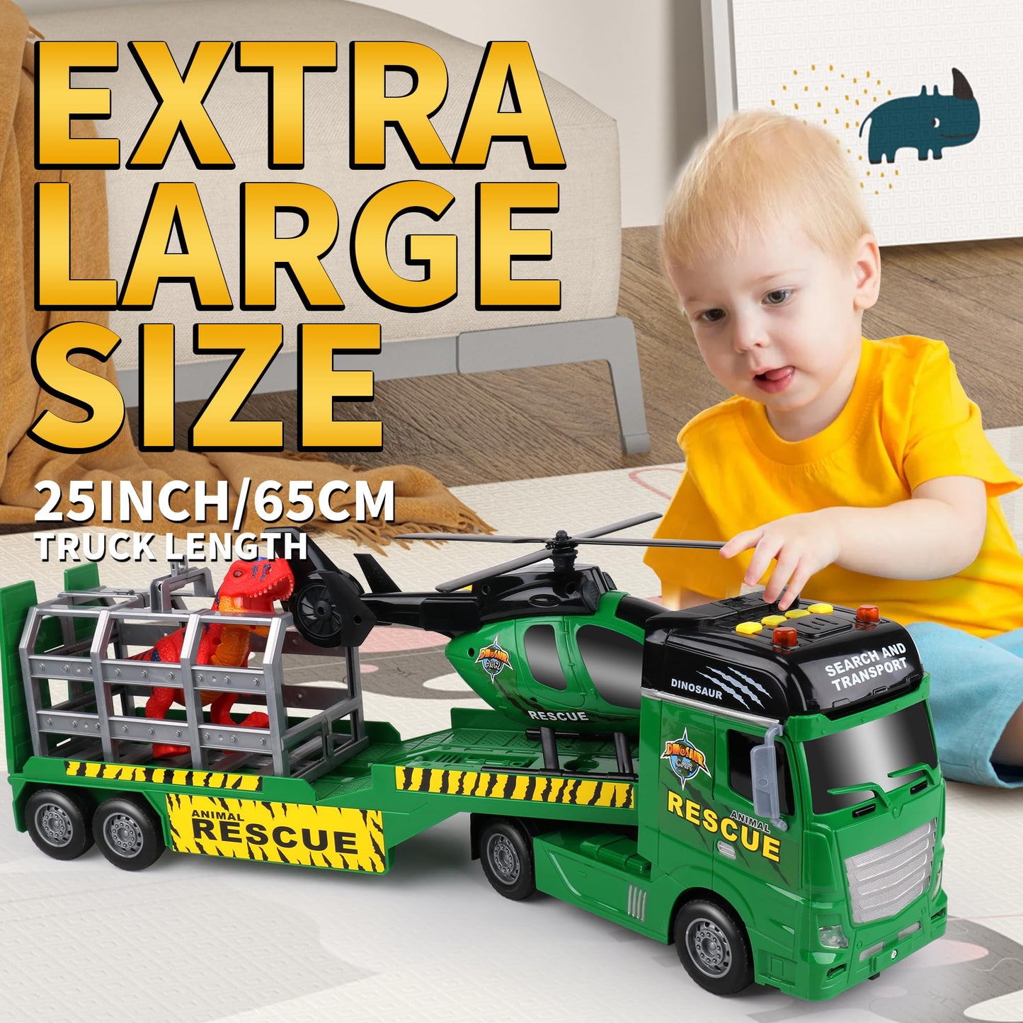 Dwi Dowellin Carrier Truck Toy - 25.6" Semi Truck with Helicopter & Dinosaurs, Green, Model 666-72F, Ideal for Kids Ages 3-6+