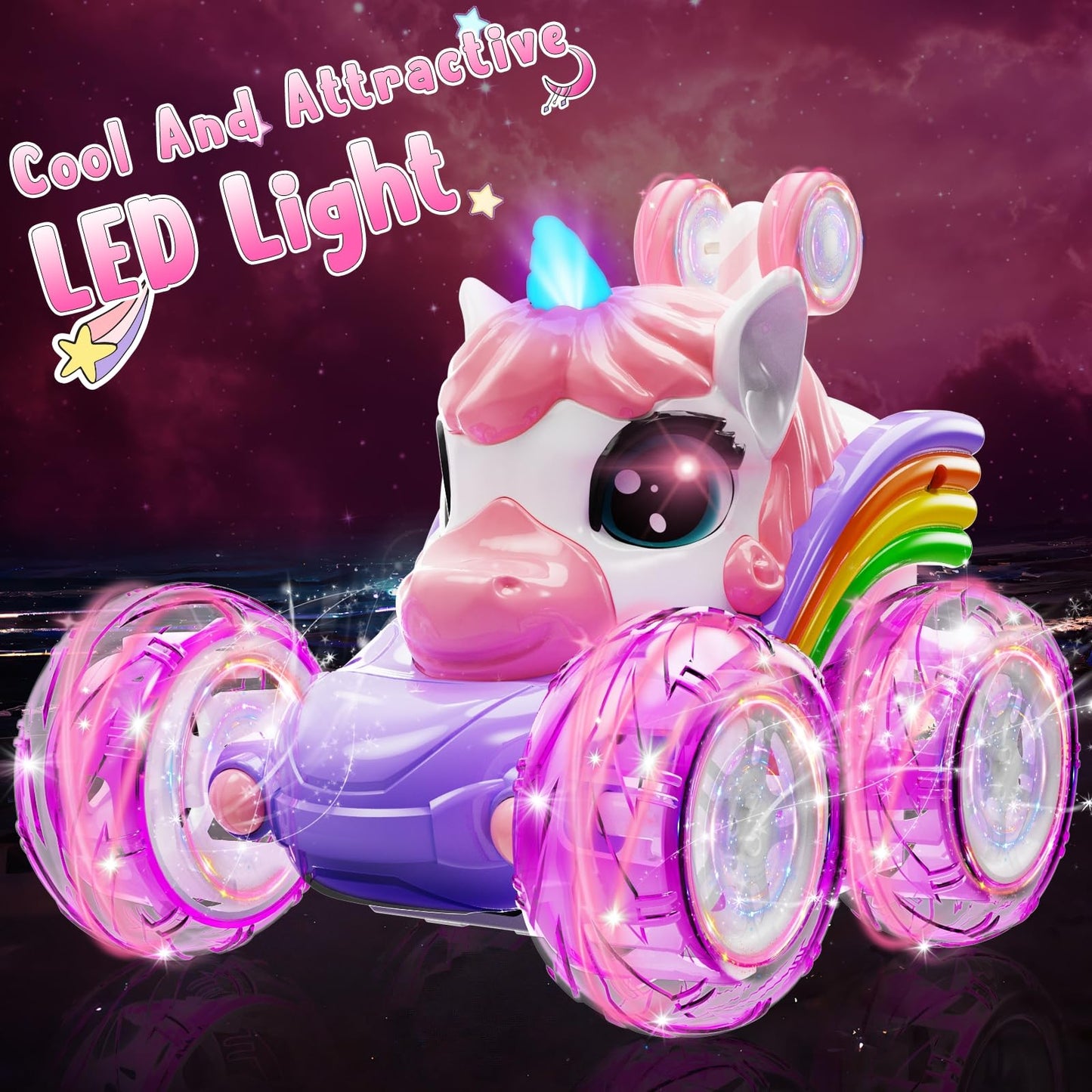 Unicorn Remote Control Car for Girls, 360 Rotating 4WD Stunt RC Cars with Cute Lights, Rechargeable Car Toys Birthday Gifts for