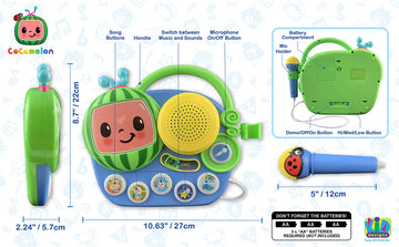 Ekids Cocomelon Toy Singalong Boombox With Microphone For Toddlers And Young Children, Built-In Music And Flashing Lights, For Fans Of Cocomelon Toys And Gifts