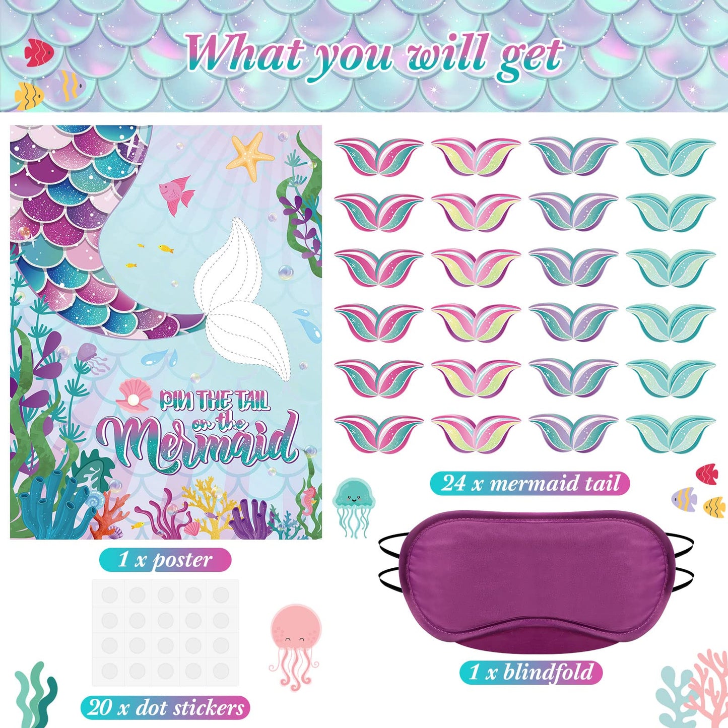 Faccito Mermaid Party Game Set - 21x28 Inch Poster, 24 Reusable Tail Stickers, Blue/Purple, Ideal for Girls Birthday Celebrations