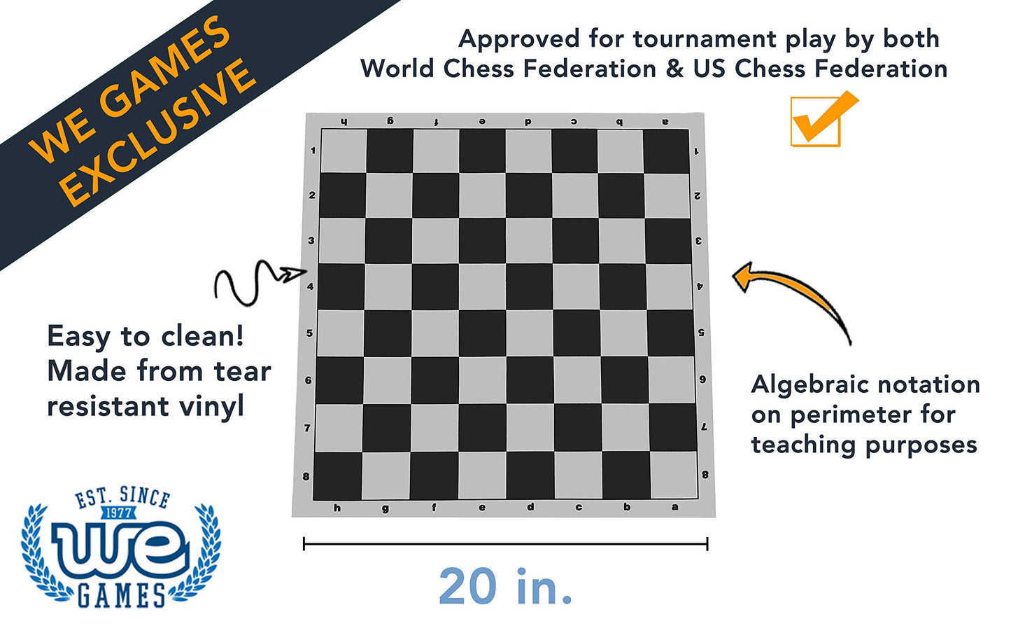 WE Games Portable Vinyl Chess Mat - 20" x 20", Black, with Algebraic Notation for Kids & Adults, Ideal for Practicing Chess Openings