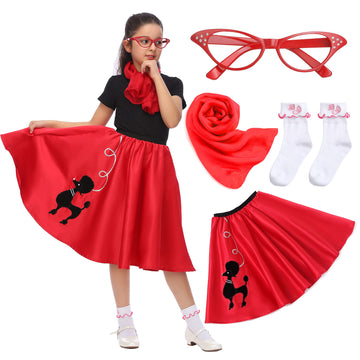 Rabtero Kids Sock Hop Costume, Girls 1950S Dress Costume, 50'S Poodle Skirt With Scarf, Glasses And Socks For Girls 4-6, Small, Red