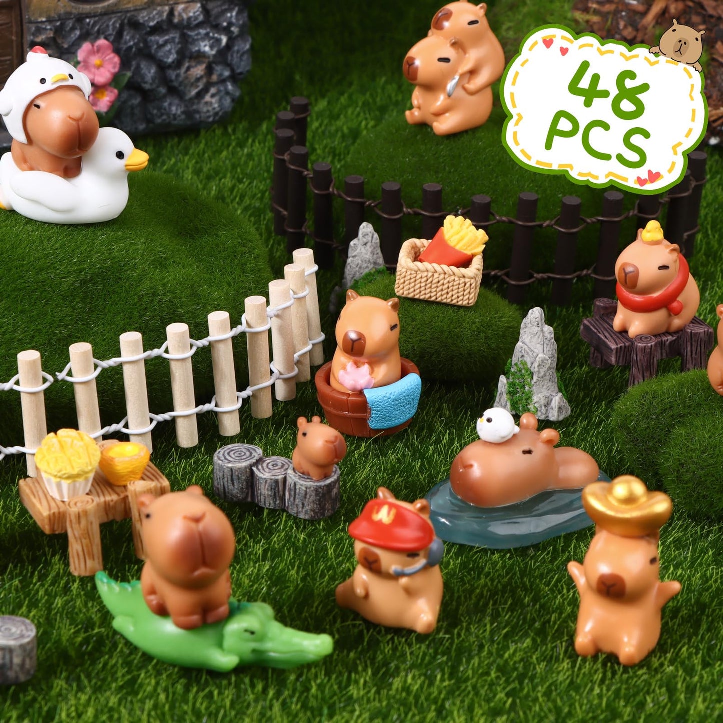 48 Pcs Mini Capybara Figures Playset Simulation Capybara Model Miniature Garden Accessories Wood Mini Fences Bridge Mountain Fig