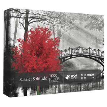 Scarlet Solitude Classic Puzzles For Adults 1000 Pieces, Black And White Bridge And Red Tree Jigsaw Puzzles, Wall Art Puzzles Fo