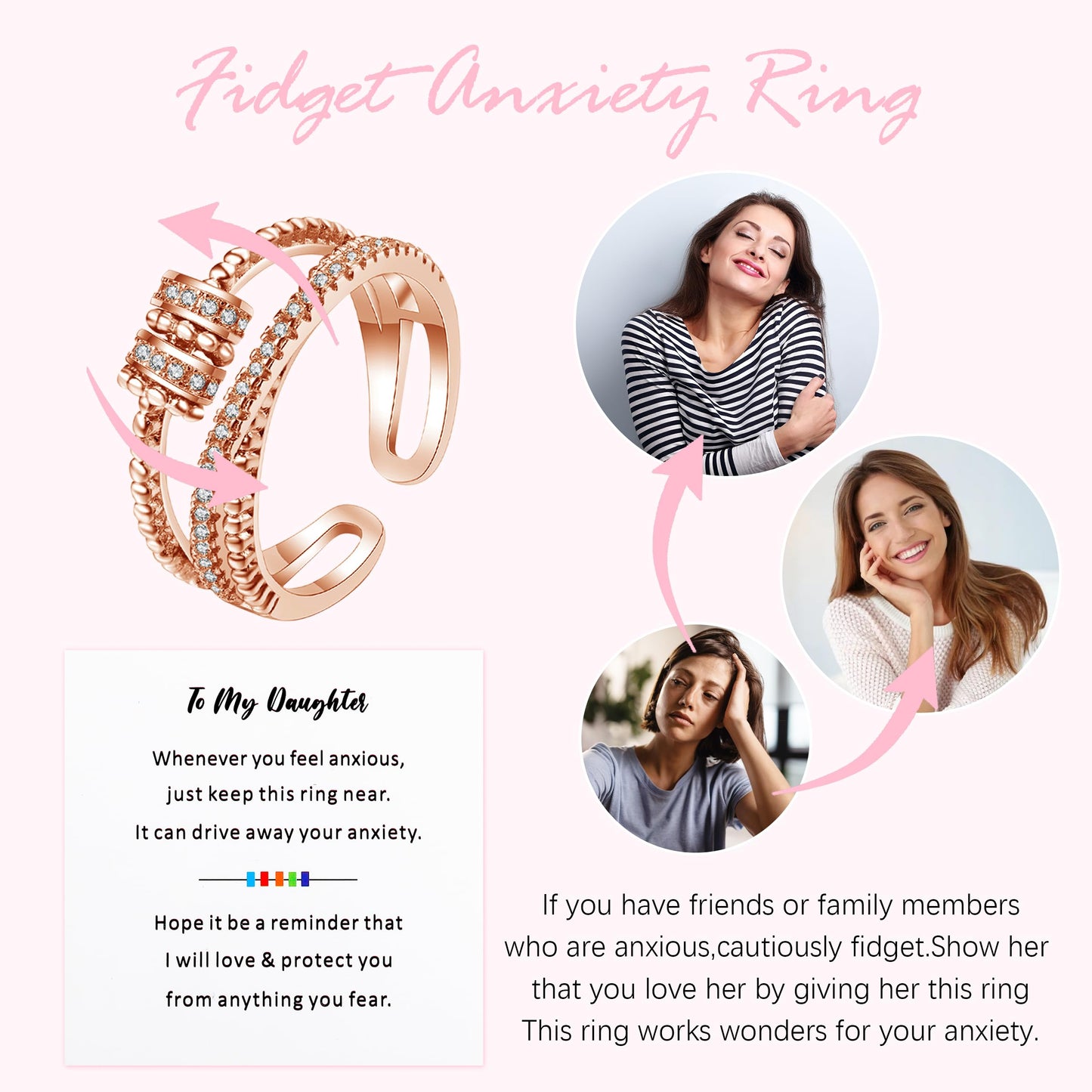 Long Tiantian Daughter Gifts From Mom To My Daughter Fidget Ring Gift From Mom Anxiety Relief Worry Rings Spinner Rings For Daughter Gifts(Rose Gold)