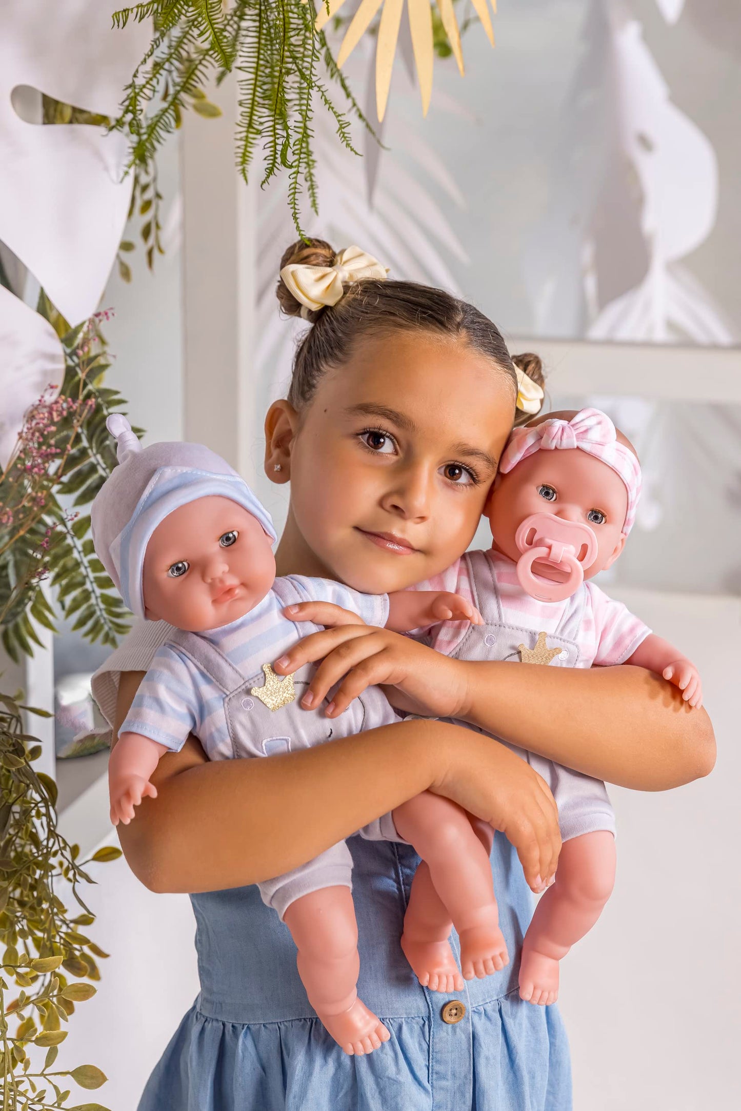 Jc Toys | Berenguer Boutique | Baby Doll Outfit | Gray Overall Shorts With Pink Stripes | Includes Headband And Booties | Ages 2+ | Fits Dolls 14'- 16'