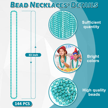 144PCS Mardi Gras Beads, Lake Blue Mardi Gras Rose Necklaces Bulk, Metallic 33'' Mardi Gras Round Beaded Necklace Stuff, Festiva