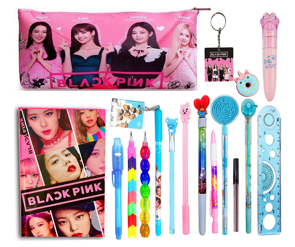 Neel Cotton Black Pink Theme School Stationery Set For Girls,Black Bts Gift Return Gift,Party Favor Pencil Pouch With All (Style