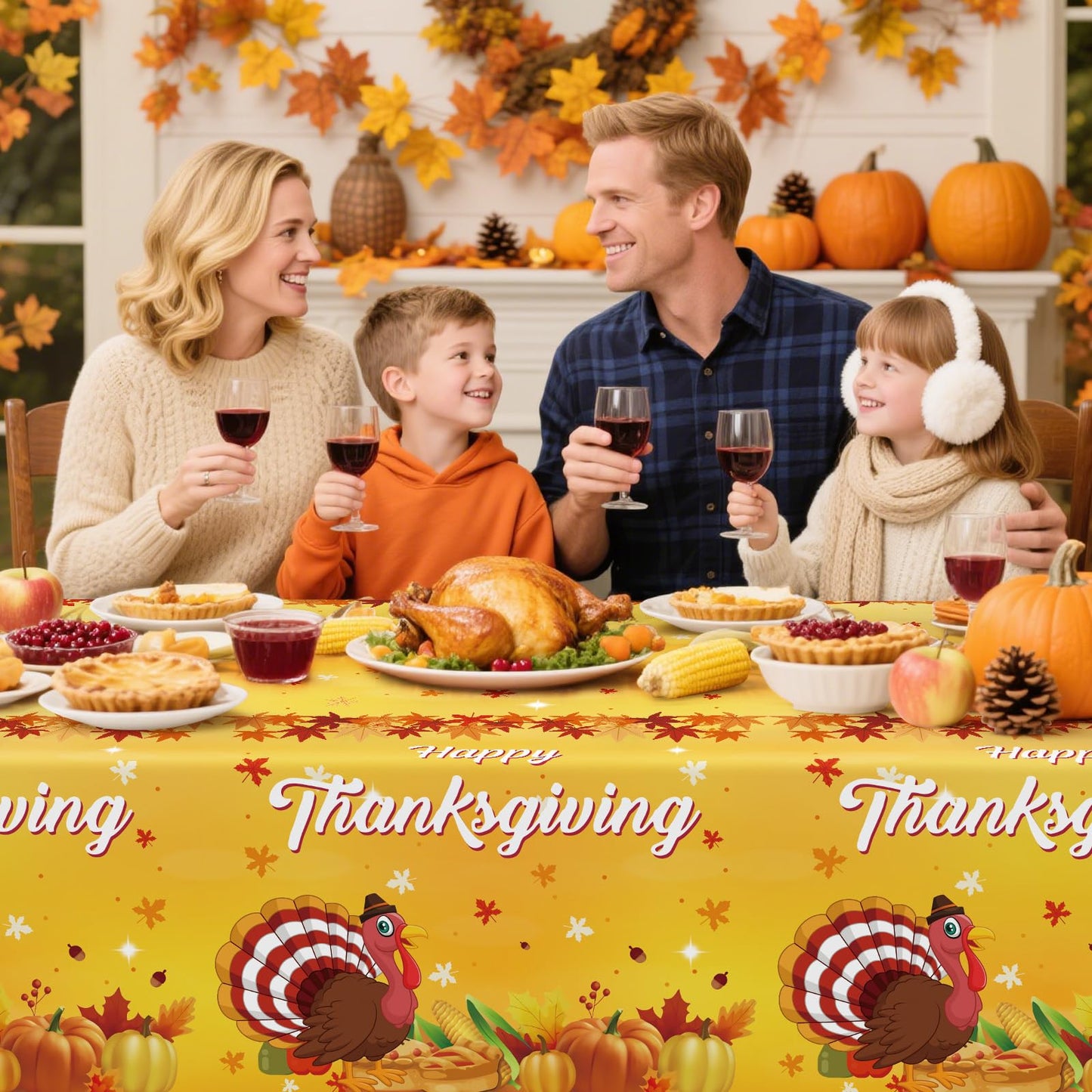 2 Pcs Happy Thanksgiving Tablecloth Disposable - Fall Turkey Tablecloths, Rectangle Pumpkin Maple Leaf Plastic Table Cover for T