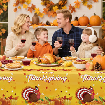 2 Pcs Happy Thanksgiving Tablecloth Disposable - Fall Turkey Tablecloths, Rectangle Pumpkin Maple Leaf Plastic Table Cover for T