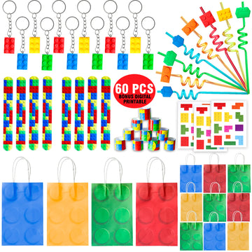 Empire Party Supply 60 Pcs Building Blocks Party Favors For Kids, Set Of 12 Brick Style Keychain Wristband Treat Bag Straws Stickers For Building Blocks Birthday Party Supplies