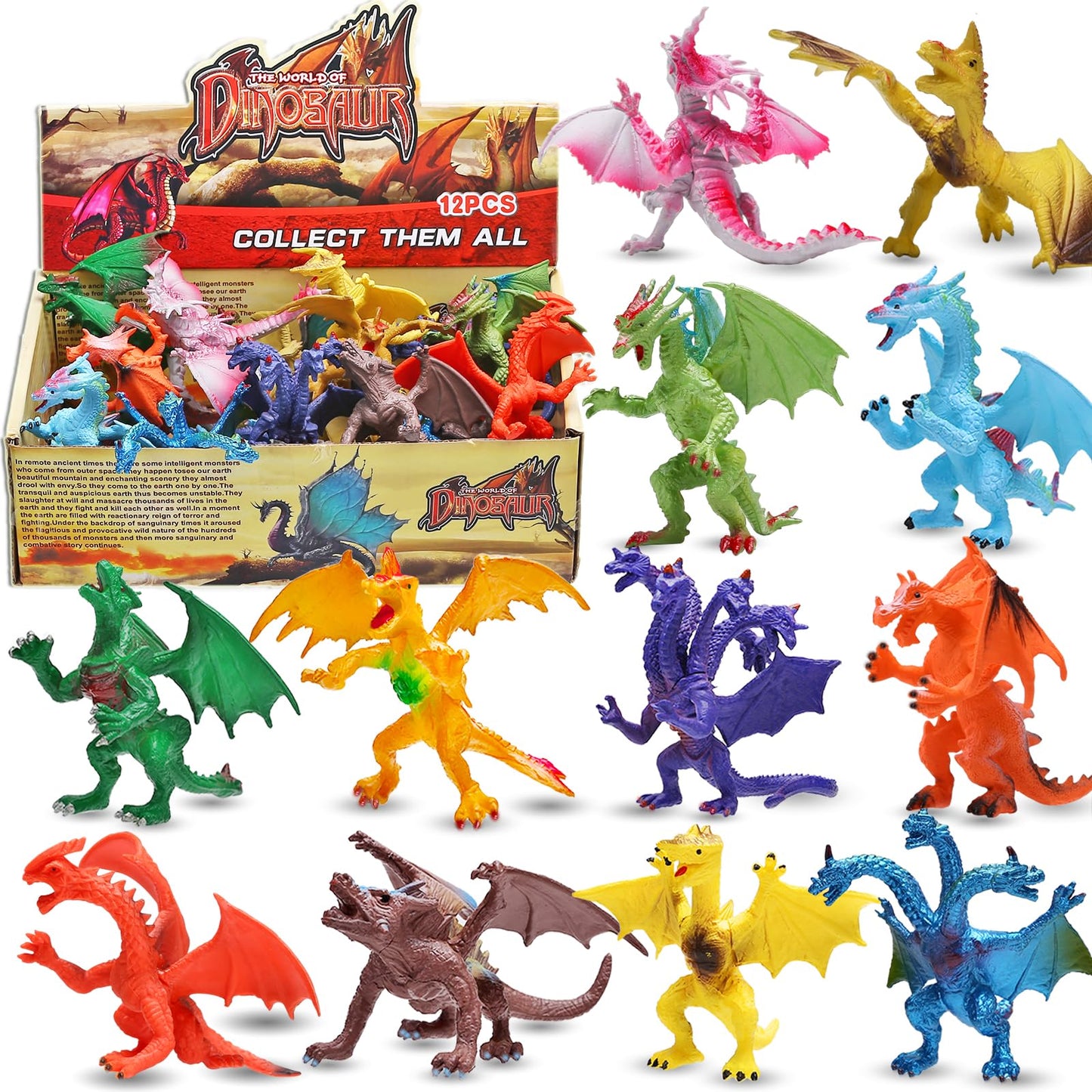 ValeforToy Dragon Toys Set, 12 Realistic 4-Inch Dragons, Non-Toxic ABS, Multicolor, Gift Box Included