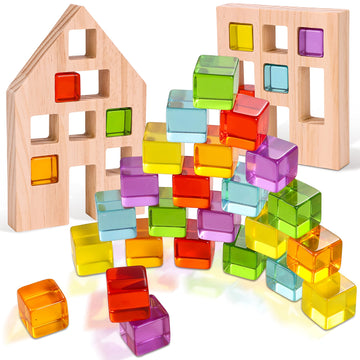 Woodtoe Wooden Building Blocks Set For Kids, 24 Pcs Rainbow Gem Cubes Stacking Blocks - 2 Wood House, Montessori Stacking Toy Fo