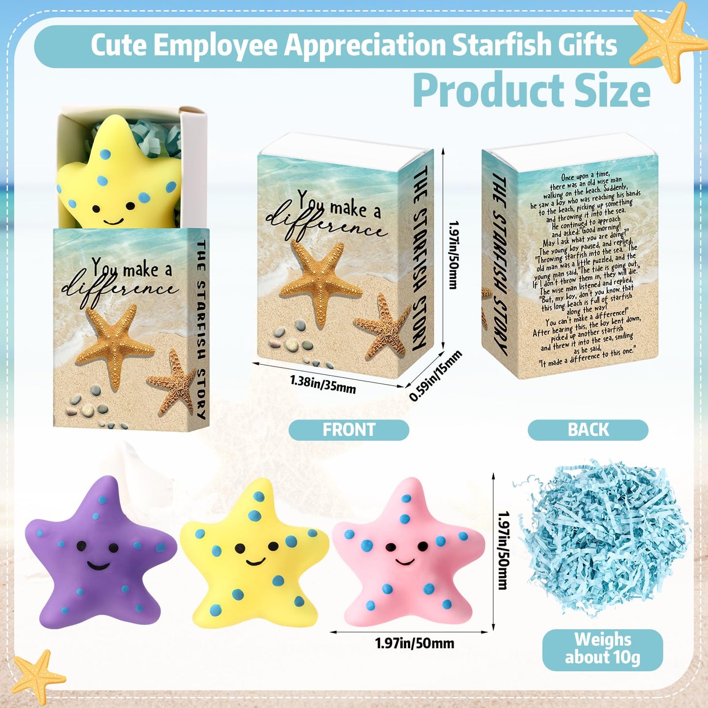 Wettarn 24 Sets Starfish Story Gifts Cute Stress Balls with Gift Boxes You Make a Difference Desk Decor Appreciation Party Favor